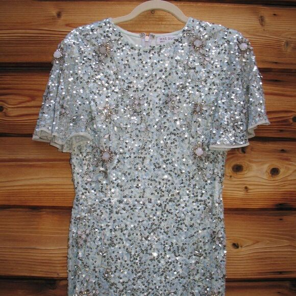 MAC DUGGAL 93932 Blue Flutter Sleeve Sequin High Neck Gown - Picture 7 of 15